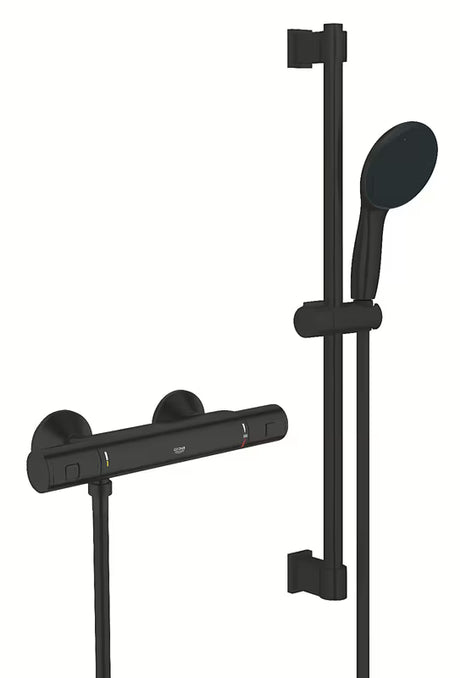 Termostatska armatura za tuš Grohe Precision Start v mat črni barvi s pršno letvijo, ročno prho in cevjo