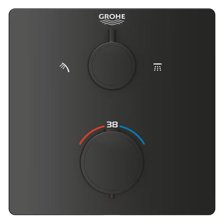 Podometni tušni sistem Grohe Precision Thermostat v mat črni barvi z nadglavno in ročno prho
