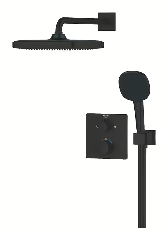 Podžbukni tušni sistem Grohe Precision Thermostat u mat crnoj boji s nadglavnim i ručnim tušem