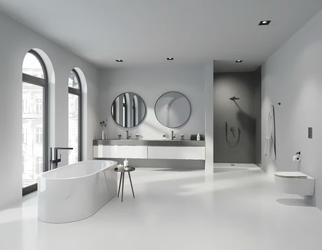 Stenski nosilec tuš ročke Grohe Rainshower z okroglo rozeto v površinski obdelavi Brushed Hard Graphite.