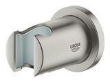 Stenski nosilec tuš ročke Grohe Rainshower z okroglo rozeto v mat izvedbi iz nerjavnega jekla supersteel.