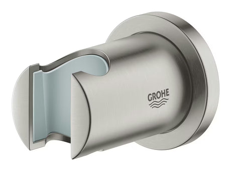 Stenski nosilec tuš ročke Grohe Rainshower z okroglo rozeto v mat izvedbi iz nerjavnega jekla supersteel.