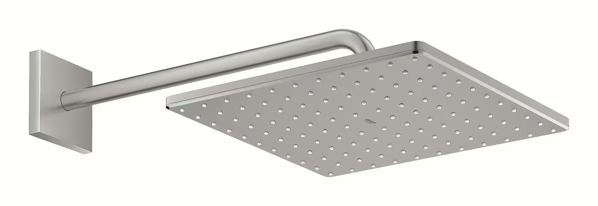 Nadglavna prha Grohe Rainshower 310 Mono Cube s stenskim tuš ročajem v izvedbi supersteel.