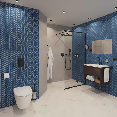 Fiksni nosilec tuš ročke Grohe Rainshower neutral z okroglo rozeto v barvi phantom black.