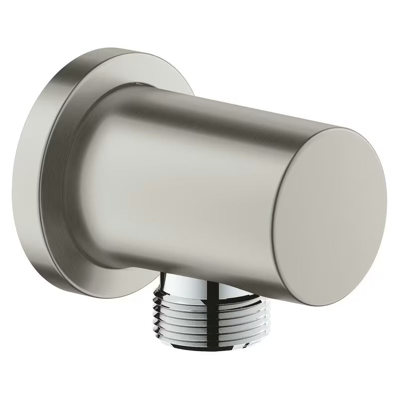 Priključek za Tuš Cev Grohe Rainshower neutral z okroglo rozeto v videzu matiranega nerjavnega jekla supersteel.