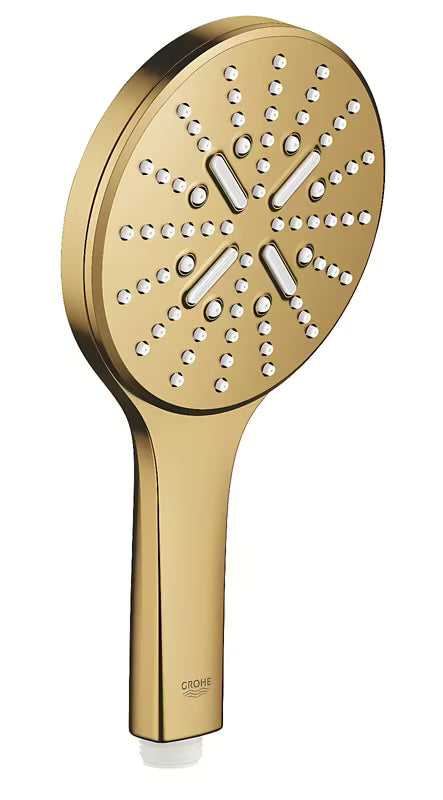 Ročna prha Grohe Rainshower 130 SmartActive v izvedbi Cool Sunrise brushed s tremi načini curka.