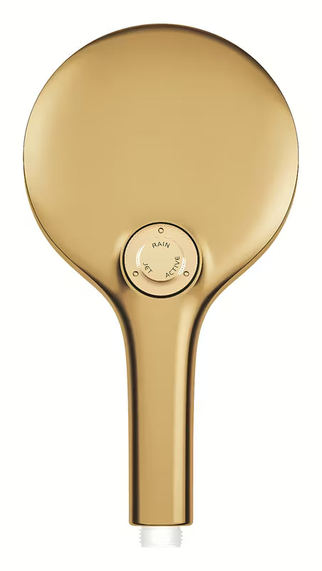 Ročna prha Grohe Rainshower 130 SmartActive v izvedbi Cool Sunrise brushed s tremi načini curka.