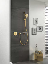 Ročna prha Grohe Rainshower 130 SmartActive v izvedbi Cool Sunrise brushed s tremi načini curka.