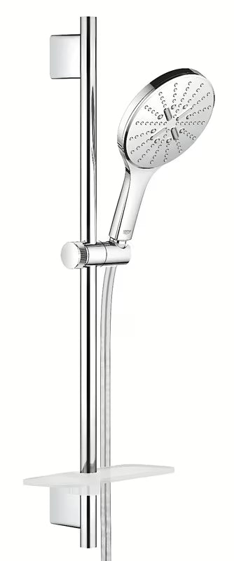Kromiran tuš set Grohe Rainshower smartactive z ročno prho, letvijo, cevjo Silverflex in poličko EasyReach