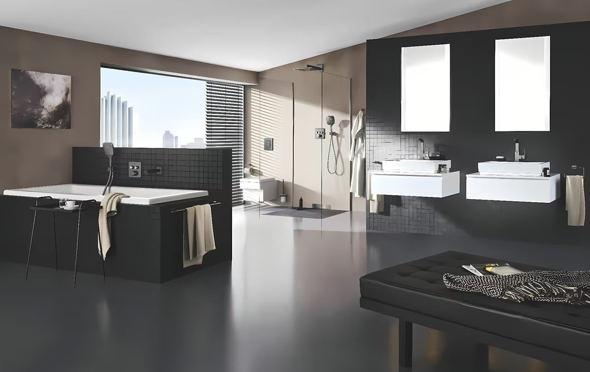 Nadglavna prha Grohe Rainshower smartactive Cube z držalom prhe v brušeni izvedbi hard graphite