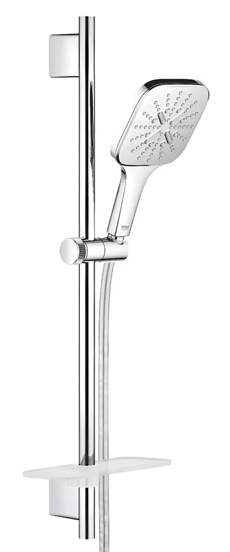 Kromiran tuš set Grohe Rainshower smartactive Cube z ročno prho, letvijo, cevjo in poličko