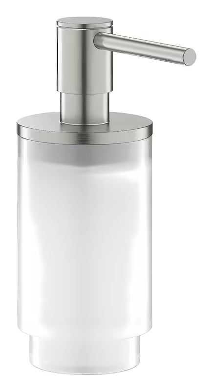 Dozirnik za Milo Grohe Selection v izvedbi supersteel iz kombinacije stekla in kovine.