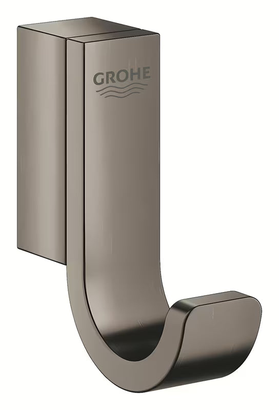 Kovinski kavelj za kopalni plašč Grohe Selection v brušeni izvedbi hard graphite s skritim pritrjevanjem.