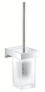 Stenska WC ščetka Grohe Selection Cube v kromu s skritim pritrjevanjem ter držalom iz stekla in kovine.