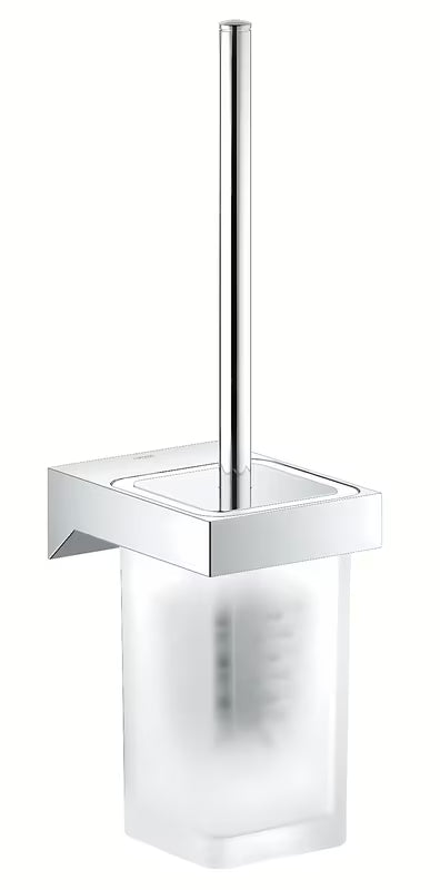 Stenska WC ščetka Grohe Selection Cube v kromu s skritim pritrjevanjem ter držalom iz stekla in kovine.
