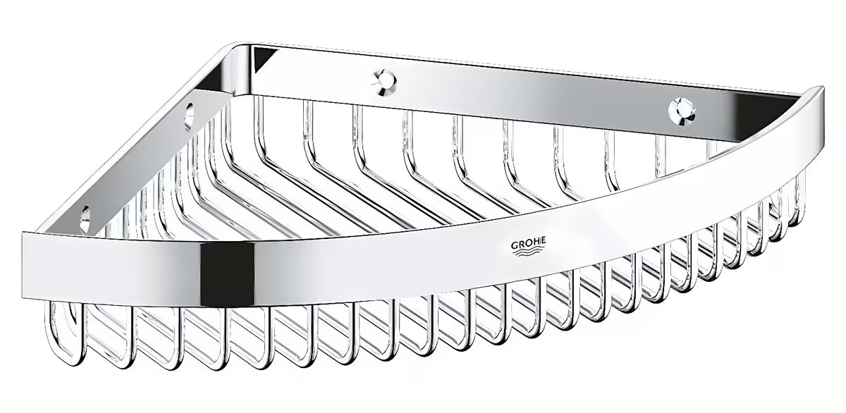Kromirana kotna polica Grohe Selection Cube pro za zidnu montažu u modernoj kupaonici.