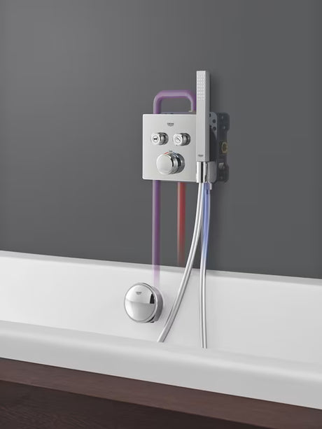 Podometna termostatska armatura za tuš Grohe Grohtherm smartcontrol v kromiranem oglatem dizajnu.