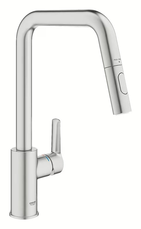 Armatura za Pomivalno Korito Grohe Start 2021 v izvedbi supersteel z visokim vrtljivim izlivom in izvlečno prho.