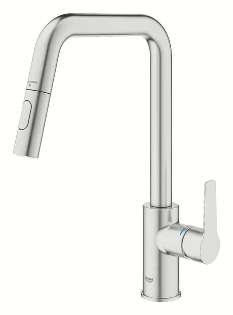 Armatura za Pomivalno Korito Grohe Start 2021 v izvedbi supersteel z visokim vrtljivim izlivom in izvlečno prho.