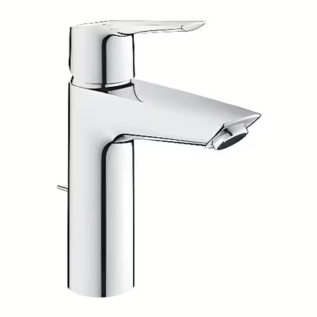 Kromirana enoročna armatura za umivalnik Grohe Start z odtokom in višjim izlivom pro za udobno umivanje.