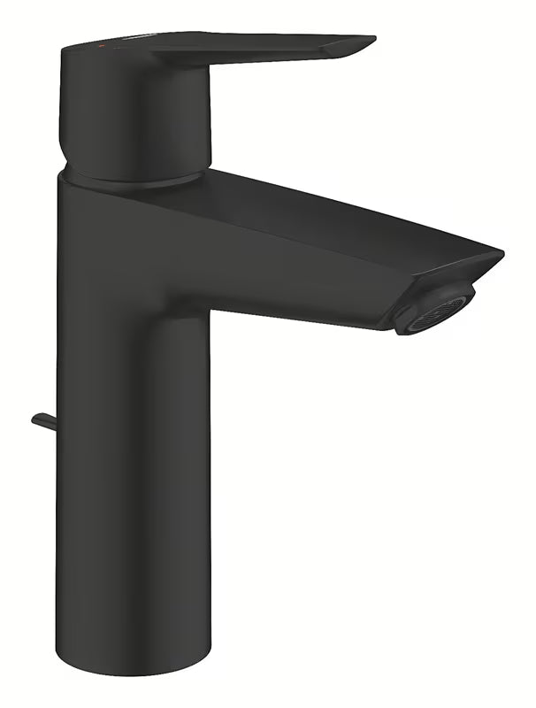 Mat črna enoročna armatura za umivalnik Grohe Start za stoječo montažo in z odtokom.