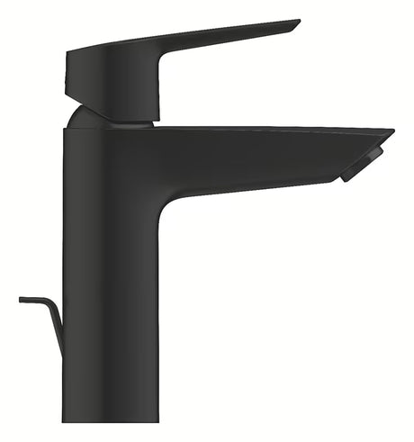 Mat črna enoročna armatura za umivalnik Grohe Start za stoječo montažo in z odtokom.