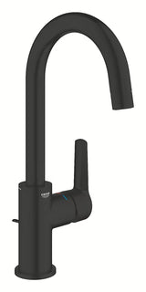 Mat črna armatura za umivalnik Grohe Start z visokim vrtljivim izlivom in izvlečnim odtokom.