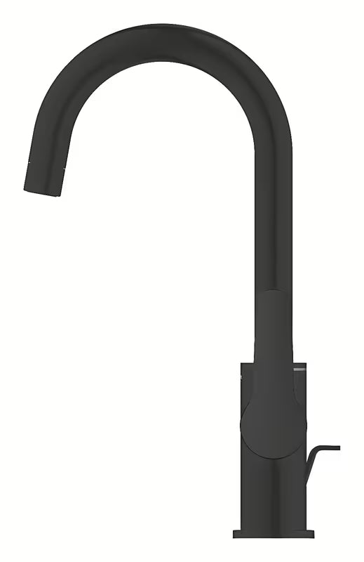 Mat črna armatura za umivalnik Grohe Start z visokim vrtljivim izlivom in izvlečnim odtokom.