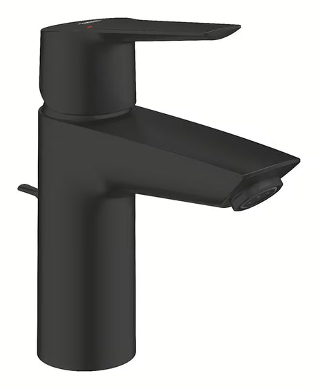 Mat črna enoročna armatura za umivalnik Grohe Start za stoječo montažo in z odtokom.