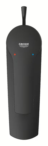 Mat črna enoročna armatura za umivalnik Grohe Start za stoječo montažo in z odtokom.