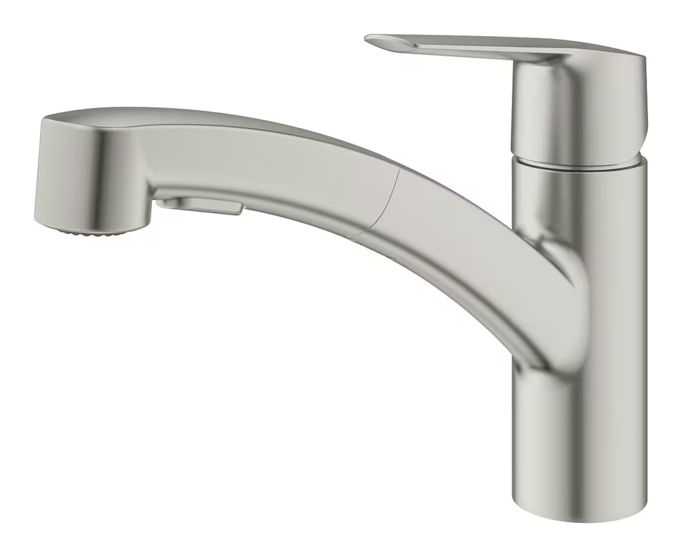 Kuhinjska enoročna armatura Grohe Start supersteel z izvlečno dvojno prho in vrtljivim izlivom