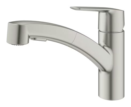 Kuhinjska enoročna armatura Grohe Start supersteel z izvlečno dvojno prho in vrtljivim izlivom