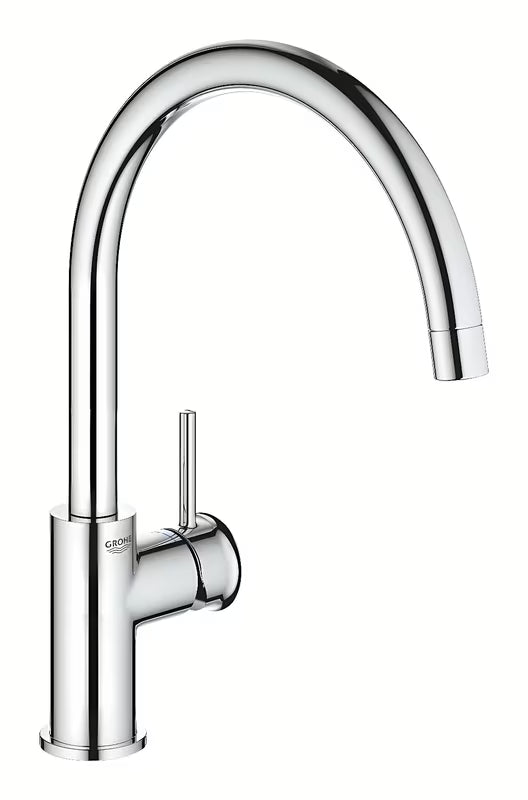 Kromirana armatura za pomivalno korito Grohe Start Classic z visokim vrtljivim izlivom in ročnim upravljanjem.