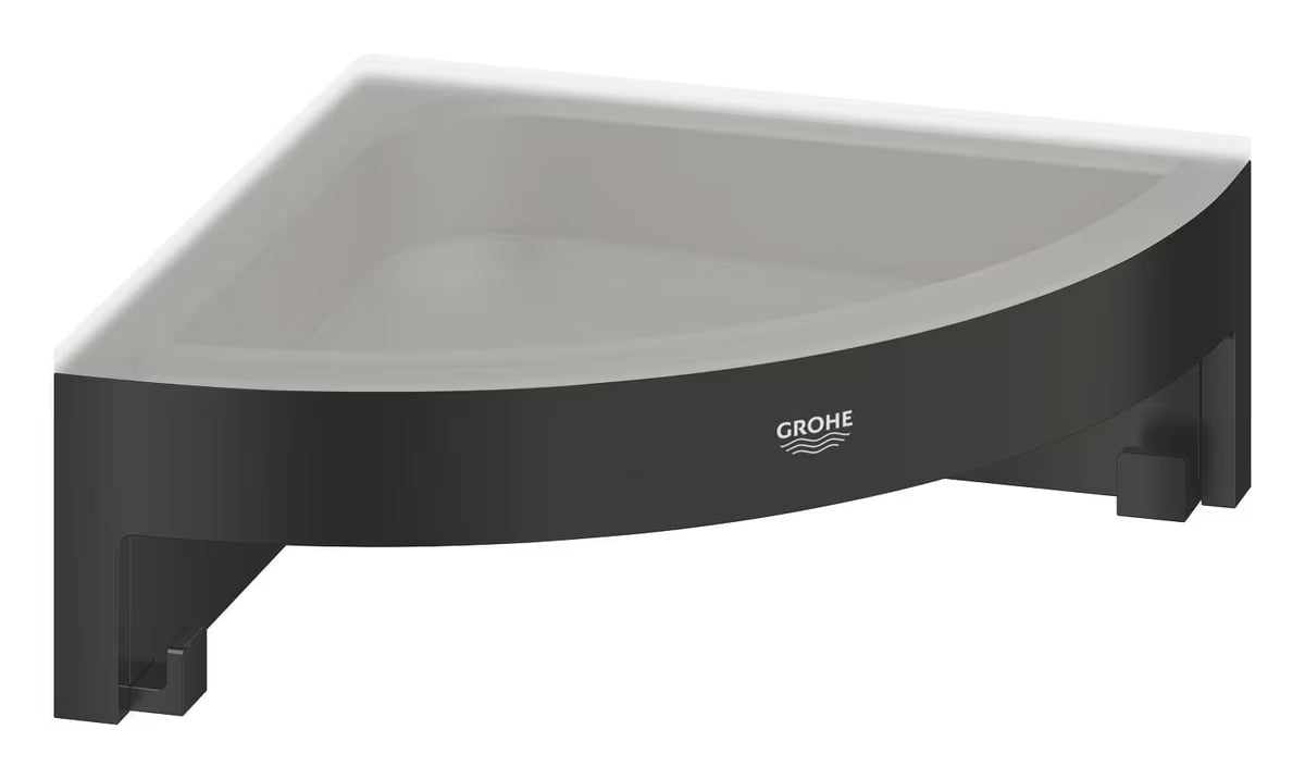 Kotna polica Grohe Start Cube v mat črni barvi pro za odlaganje kozmetike za prhanje.