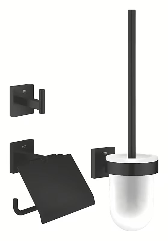 Grohe Start Cube komplet kopalniških dodatkov v mat črni barvi z držalom za papir, s kavljem in WC školjka krtačo.