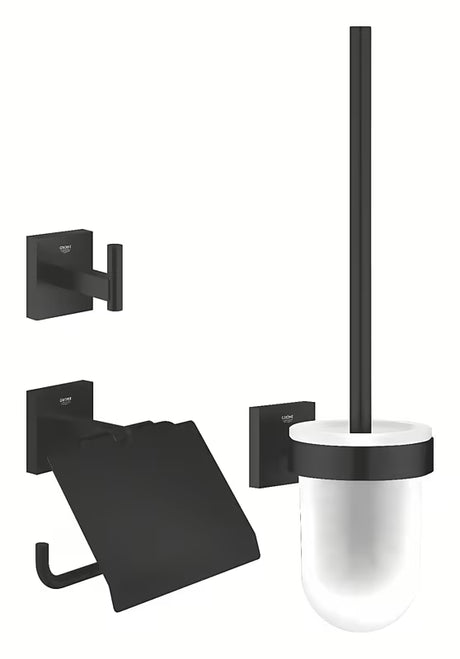 Grohe Start Cube komplet kopalniških dodatkov v mat črni barvi z držalom za papir, s kavljem in WC školjka krtačo.