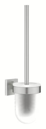 Stenska WC ščetka Grohe Start Cube Accessories v izvedbi supersteel s stekleno posodo in skritim pritrjevanjem.