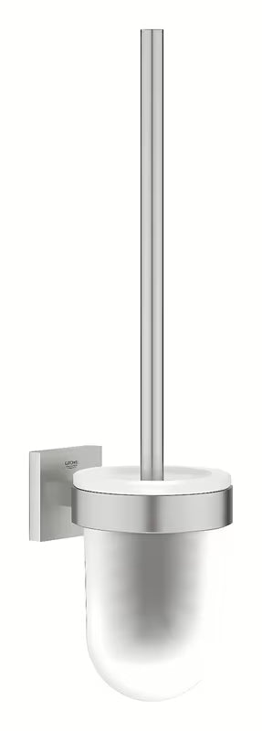 Stenska WC ščetka Grohe Start Cube Accessories v izvedbi supersteel s stekleno posodo in skritim pritrjevanjem.