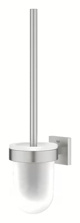 Stenska WC ščetka Grohe Start Cube Accessories v izvedbi supersteel s stekleno posodo in skritim pritrjevanjem.