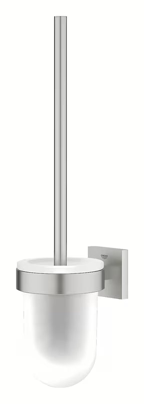 Stenska WC ščetka Grohe Start Cube Accessories v izvedbi supersteel s stekleno posodo in skritim pritrjevanjem.