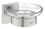 Posoda Za Milo Grohe Start Cube Accessories v izvedbi supersteel s stekleno posodico in skritim pritrjevanjem.