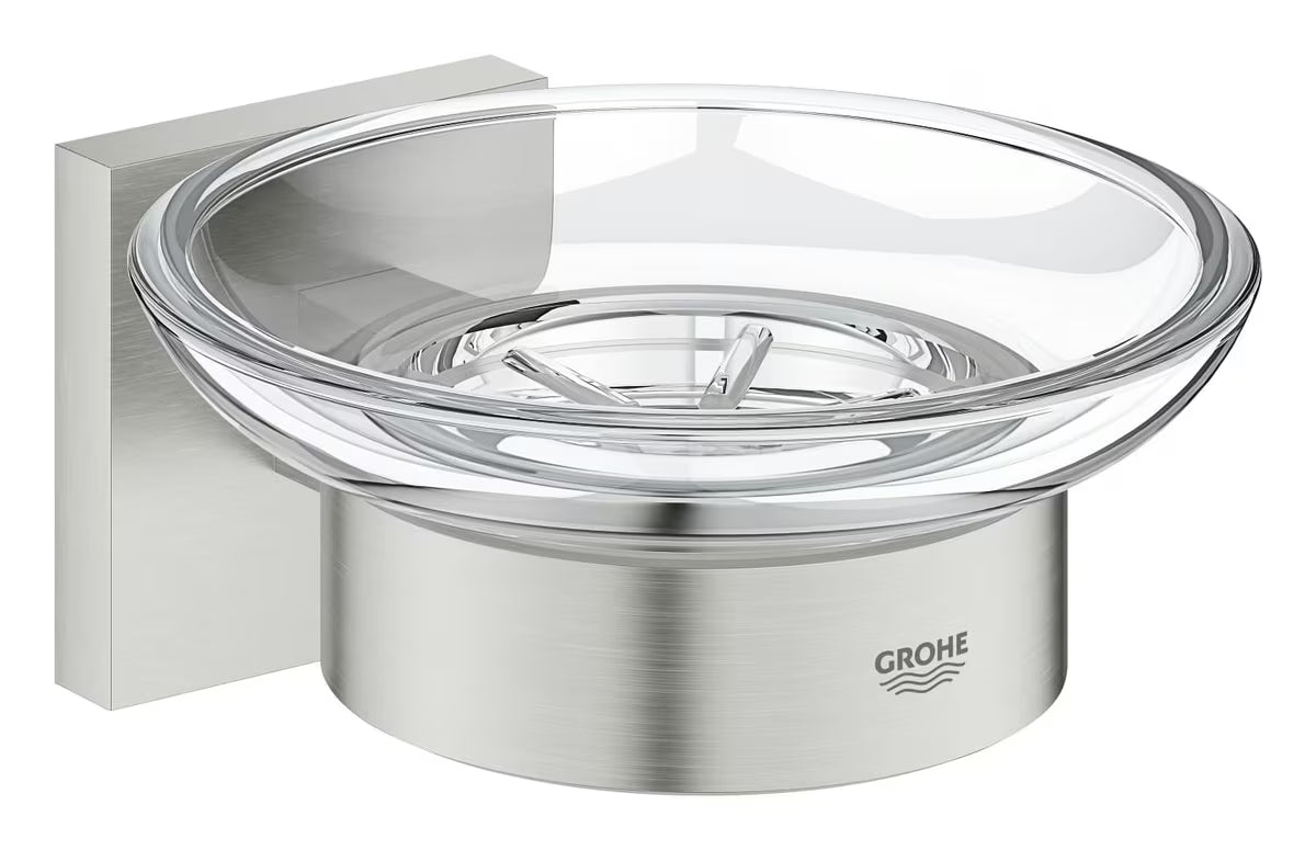 Posoda Za Milo Grohe Start Cube Accessories v izvedbi supersteel s stekleno posodico in skritim pritrjevanjem.