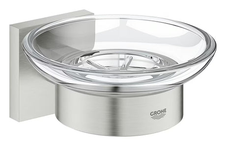 Posoda Za Milo Grohe Start Cube Accessories v izvedbi supersteel s stekleno posodico in skritim pritrjevanjem.