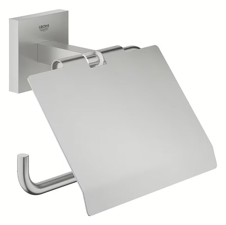 Držalo za toaletni Papir Grohe Start Cube Accessories v izvedbi supersteel s pokrovom in s skritim pritrjevanjem.