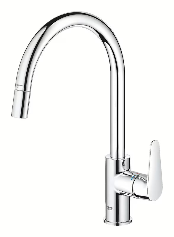 Kromirana armatura za pomivalno korito Grohe Start Curve z visokim vrtljivim izlivom in izvlečno prho