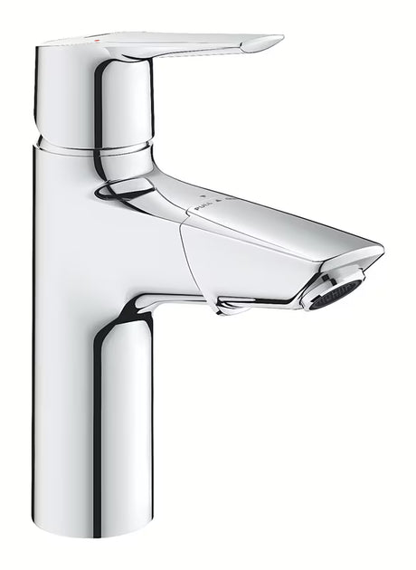 Kromirana armatura za umivalnik Grohe Start s ručicom za upravljanje i izvlačnim tušem.