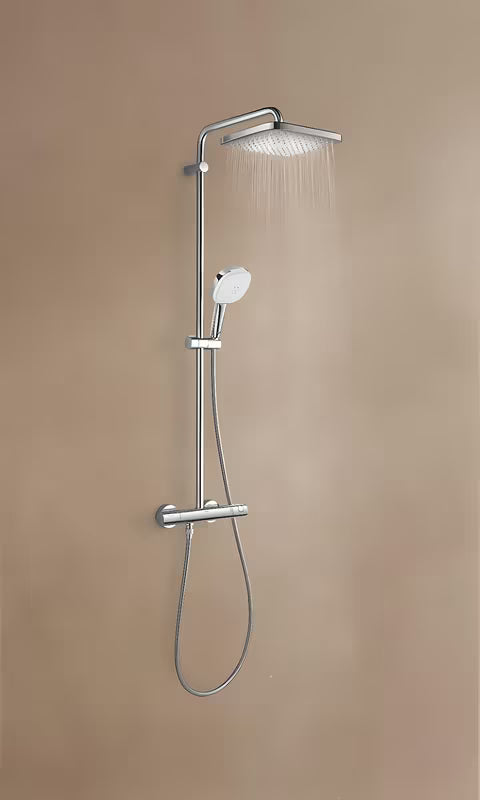 Tušni sistem Grohe Tempesta Cube System s termostatsko armaturo v krom izvedbi z nadglavno in ročno prho