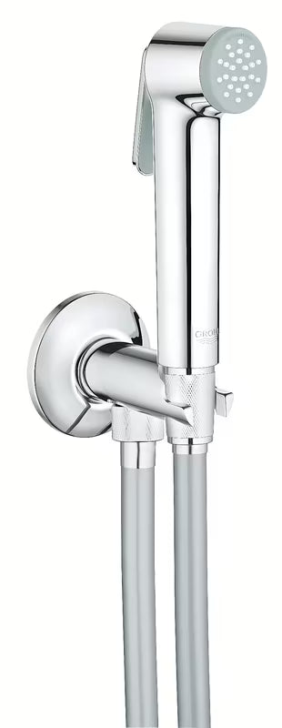 Krom bidetna prška Grohe Tempesta-F Trigger Spray s sprožilnim gumbom in cevjo v kompletu.