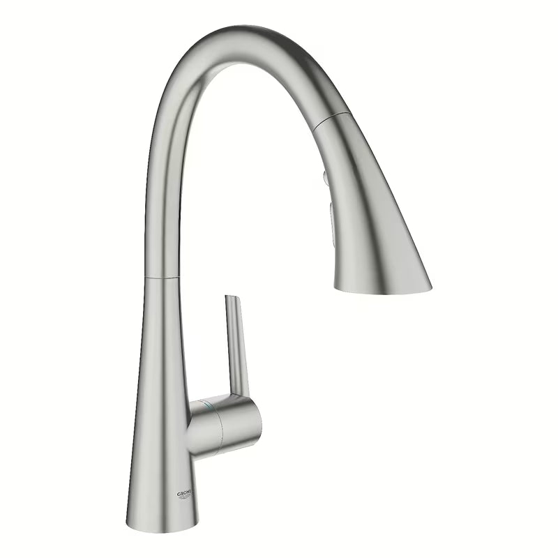 Armatura za Pomivalno Korito Grohe Zedra v izvedbi supersteel z visokim C-izlivom in izvlečno prho s tremi curki.