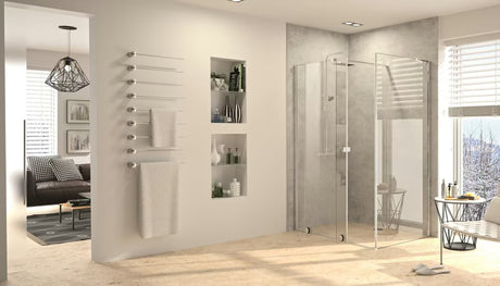 Tuš stena Walk-In Hüppe Xtensa 140 cm v sijaj krom izvedbi s prozornim steklom in drsnim odpiranjem